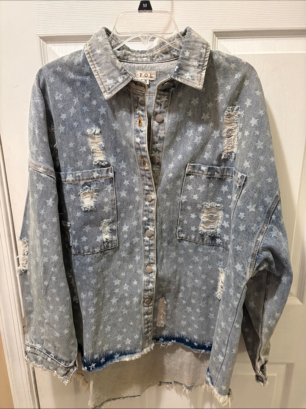 POL denim distressed white star button oversized jacket